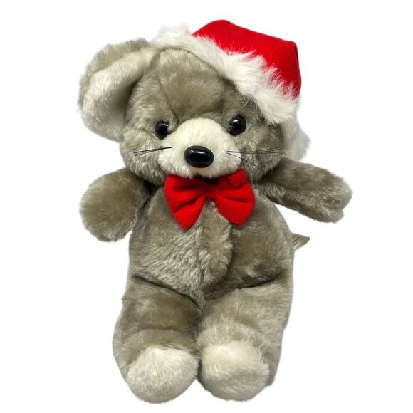 Prestige Toy Christmas Mouse Plush Vintage 1985 11 Inch Santa Hat Red Bow - Picture 1 of 7
